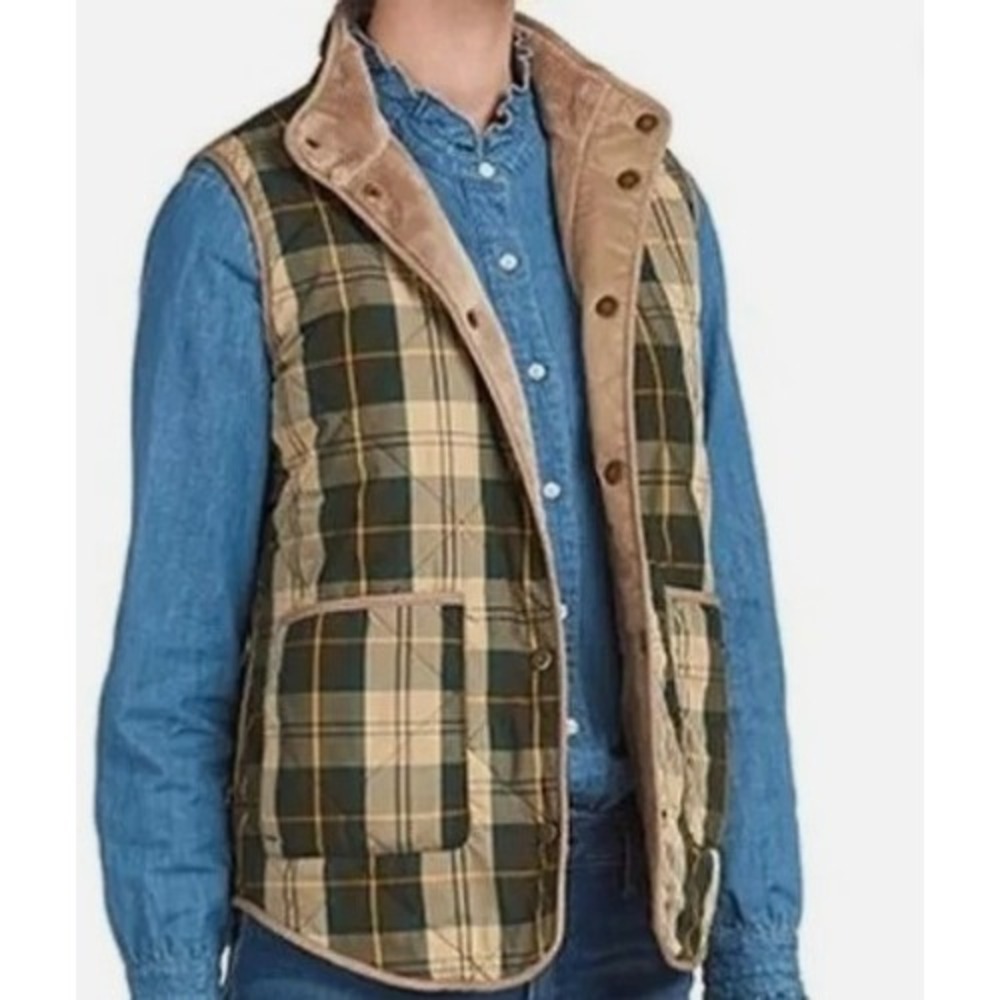 BARBOUR Tan Green Tartan Mayapple Plaid Gilet Vest Reversible Size 8